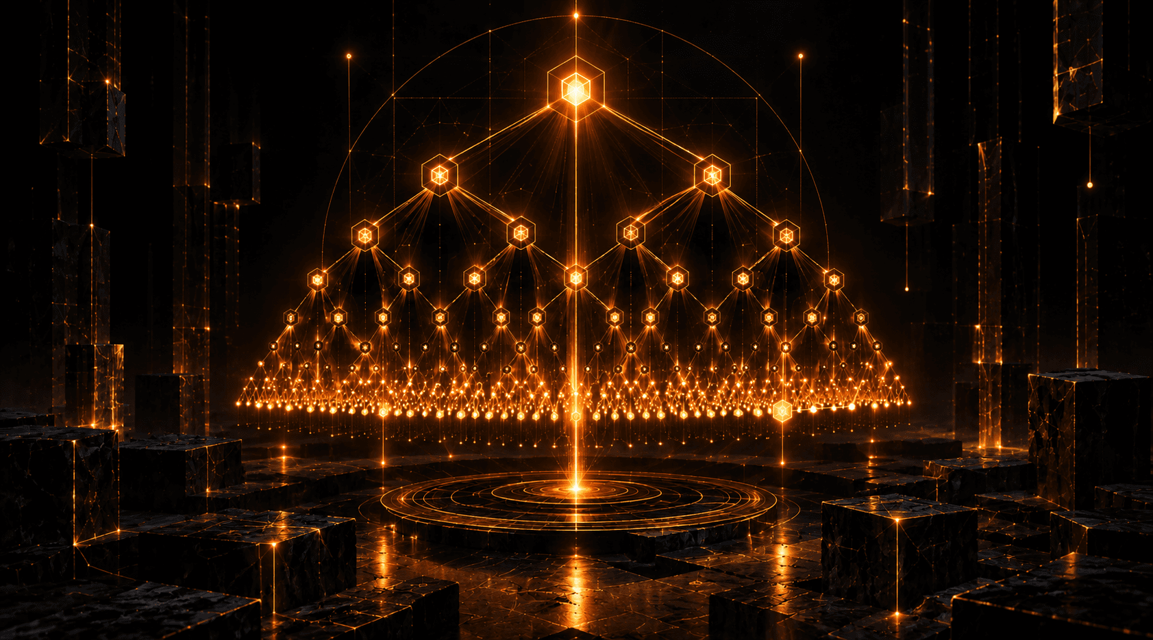 Luminous Arcane Data Cathedral: Cryptographic 3D Merkle Tree lattice visualization of the Marginalia Folio